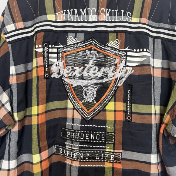 Raw Blue Mens Plaid Embroidered Button Shirt Size 4XL Grunge Skater Biker Y2K - Picture 8 of 16